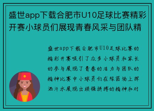 盛世app下载合肥市U10足球比赛精彩开赛小球员们展现青春风采与团队精神