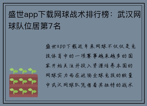 盛世app下载网球战术排行榜：武汉网球队位居第7名